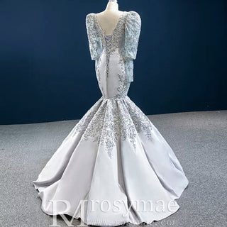 Silver Gray Trumpet Satin Long Sleeve Prom Dress with Vneck - Rosymae