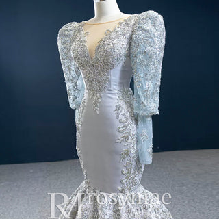 Silver Gray Trumpet Satin Long Sleeve Prom Dress with Vneck - Rosymae
