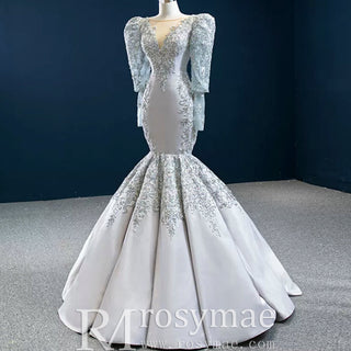 Silver Gray Trumpet Satin Long Sleeve Prom Dress with Vneck - Rosymae