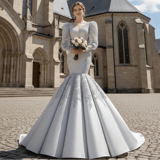 Silver Gray Trumpet Satin Long Sleeve Prom Dress with Vneck - Rosymae