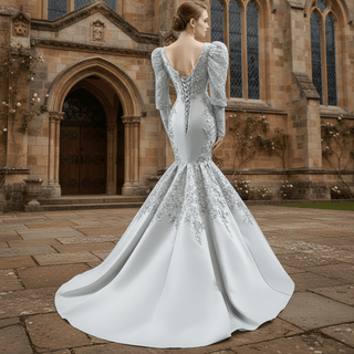 Silver Gray Trumpet Satin Long Sleeve Prom Dress with Vneck - Rosymae