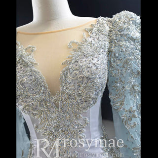 Silver Gray Trumpet Satin Long Sleeve Prom Dress with Vneck - Rosymae