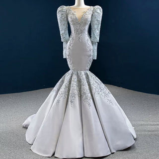 Silver Gray Trumpet Satin Long Sleeve Prom Dress with Vneck - Rosymae