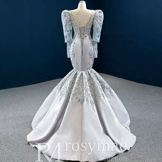 Silver Gray Trumpet Satin Long Sleeve Prom Dress with Vneck - Rosymae