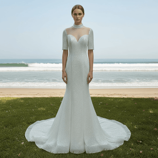 Silver Half Sleeve O-neck Mermaid Informal Wedding Dress with Sheer Neck - Rosymae