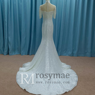 Silver Half Sleeve O-neck Mermaid Informal Wedding Dress with Sheer Neck - Rosymae