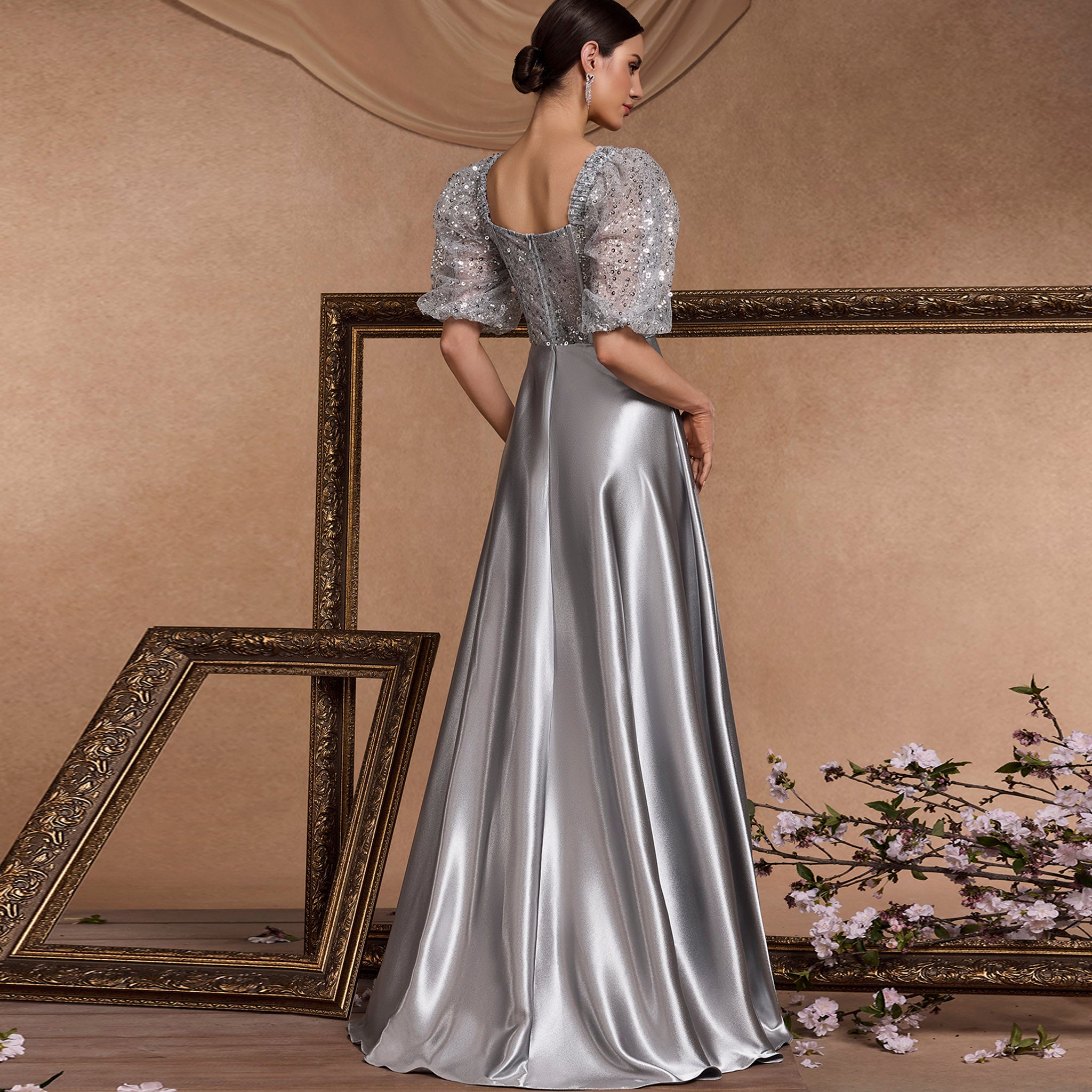 Sparkly Women Silver Half Sleeves Formal Prom Dress with Pocket Silver / 2XL Sparkly Women Silver Half Sleeves Formal Prom Dress with Pocket Silver / 2XL