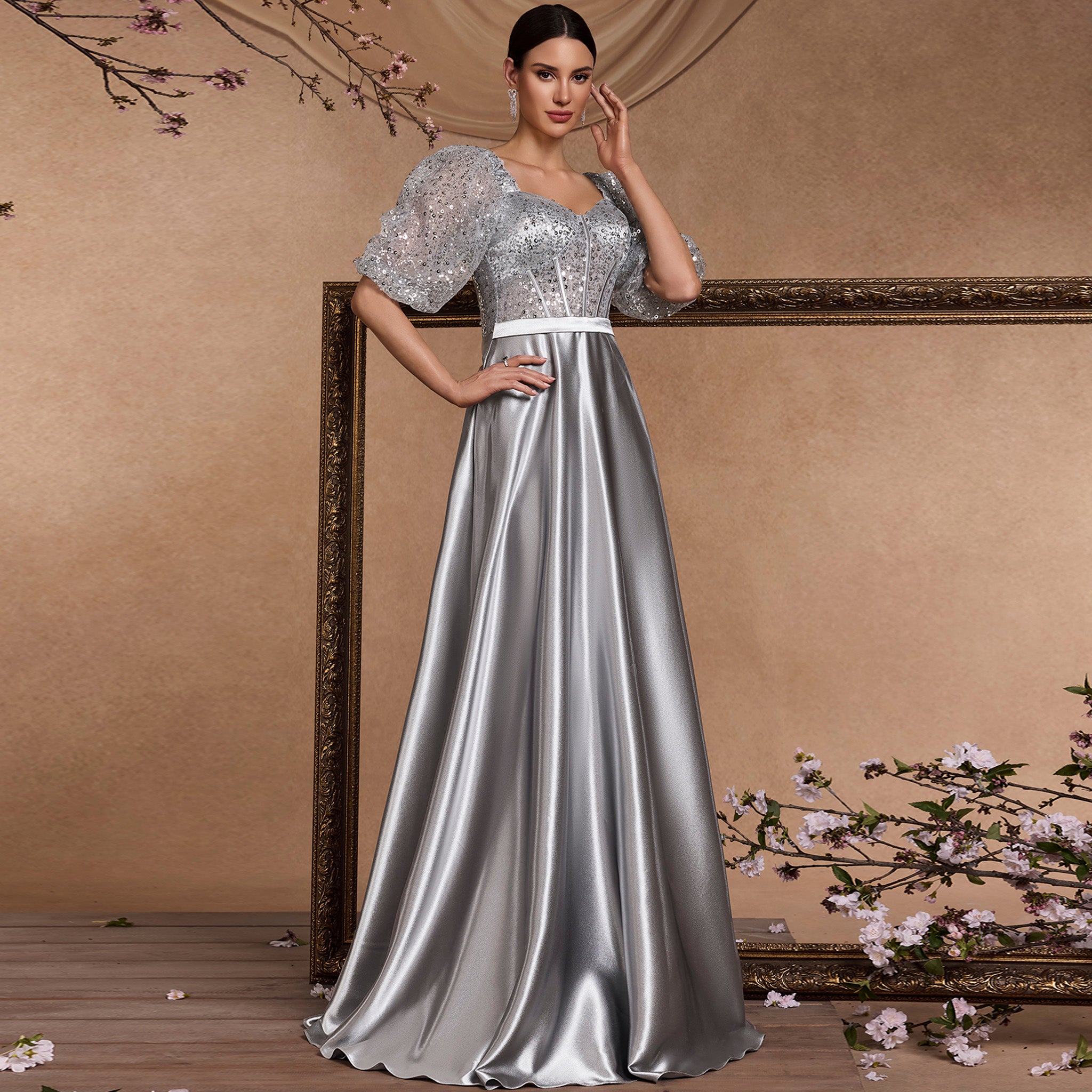 Sparkly Women Silver Half Sleeves Formal Prom Dress with Pocket Silver / 2XL Sparkly Women Silver Half Sleeves Formal Prom Dress with Pocket Silver / 2XL