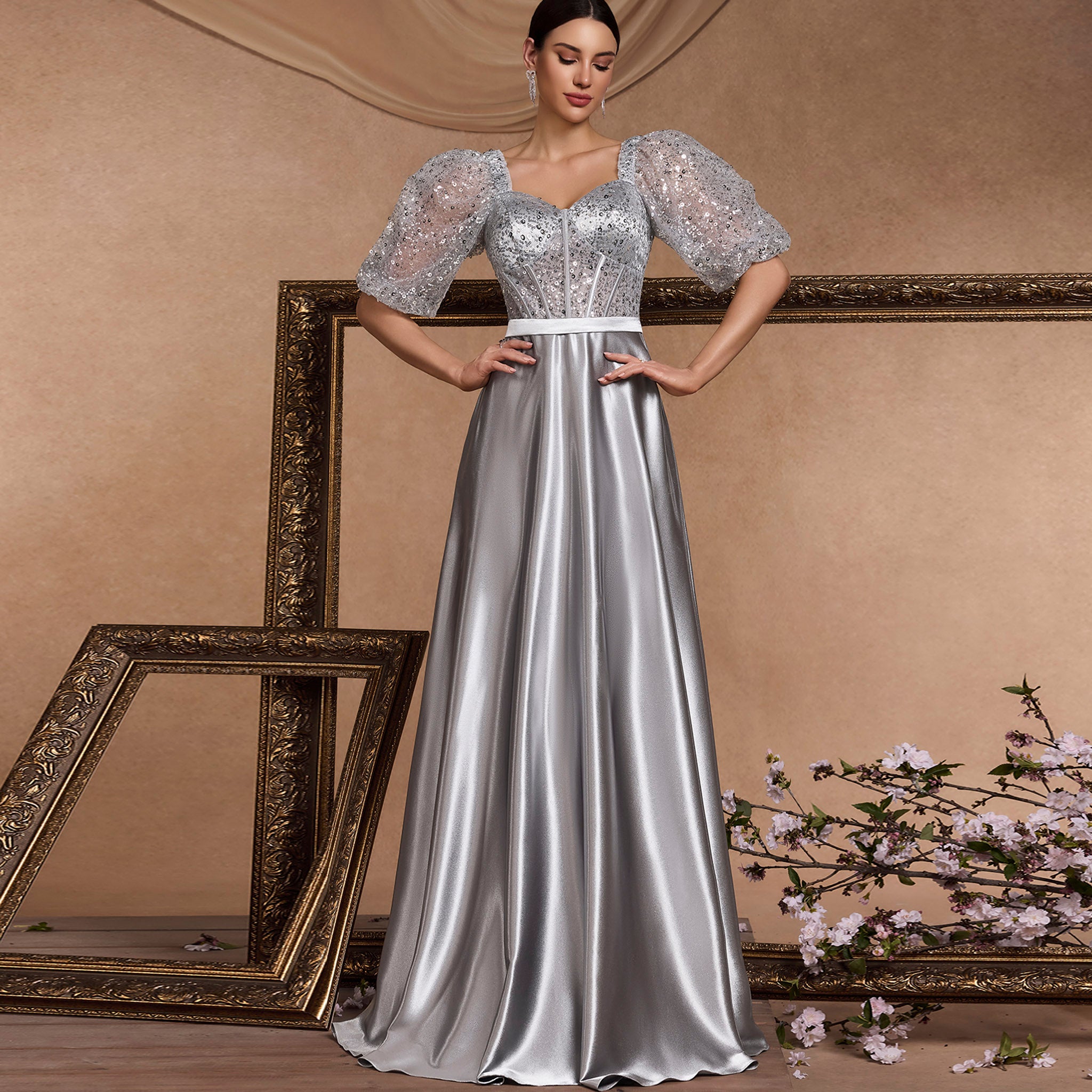 Sparkly Women Silver Half Sleeves Formal Prom Dress with Pocket Silver / 2XL Sparkly Women Silver Half Sleeves Formal Prom Dress with Pocket Silver / 2XL