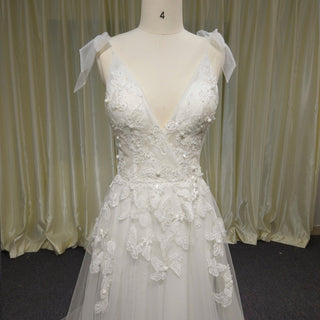 Simple A-line Tulle Lace Low Back Wedding Dress with Deep V-neck - Rosymae