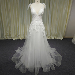 Simple A-line Tulle Lace Low Back Wedding Dress with Deep V-neck - Rosymae