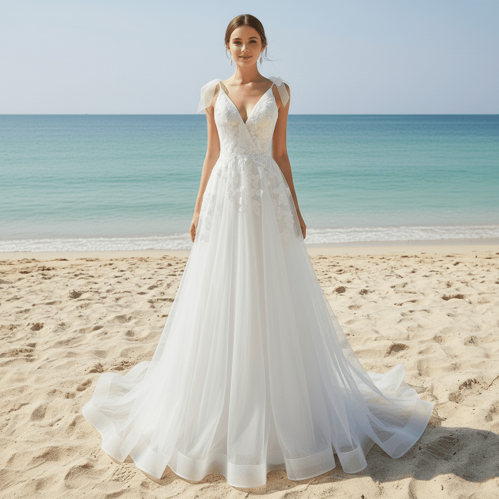 Simple A-line Tulle Lace Low Back Wedding Dress with Deep V-neck