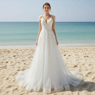 Simple A-line Tulle Lace Low Back Wedding Dress with Deep V-neck - Rosymae
