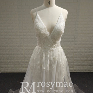 Simple A-line Tulle Lace Low Back Wedding Dress with Deep V-neck - Rosymae