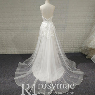 Simple A-line Tulle Lace Low Back Wedding Dress with Deep V-neck - Rosymae