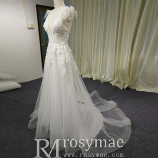 Simple A-line Tulle Lace Low Back Wedding Dress with Deep V-neck - Rosymae