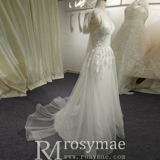 Simple A-line Tulle Lace Low Back Wedding Dress with Deep V-neck - Rosymae