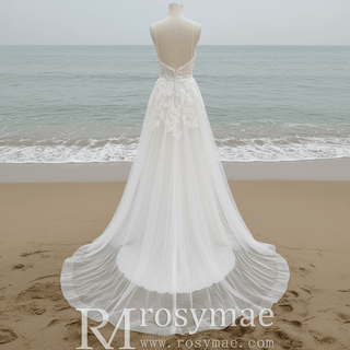 Simple A-line Tulle Lace Low Back Wedding Dress with Deep V-neck - Rosymae