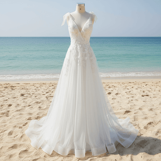 Simple A-line Tulle Lace Low Back Wedding Dress with Deep V-neck - Rosymae