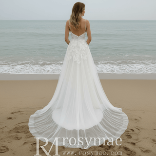 Simple A-line Tulle Lace Low Back Wedding Dress with Deep V-neck - Rosymae