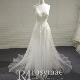 Simple A-line Tulle Lace Low Back Wedding Dress with Deep V-neck - Rosymae