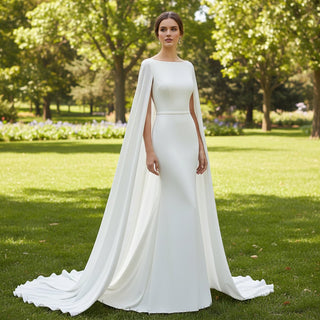 Simple Backless Mermaid High Neck Wedding Dress with Long Cape - Rosymae