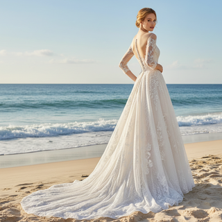 Sheer Neck with Long Sleeve A-line Simple Lace Wedding Dress