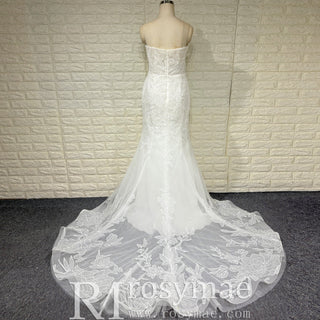 Simple Floral Lace Vneck Mermaid Wedding Dress with Sheer Bodice - Rosymae