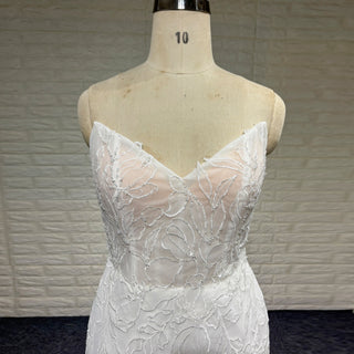 Simple Floral Lace Vneck Mermaid Wedding Dress with Sheer Bodice - Rosymae