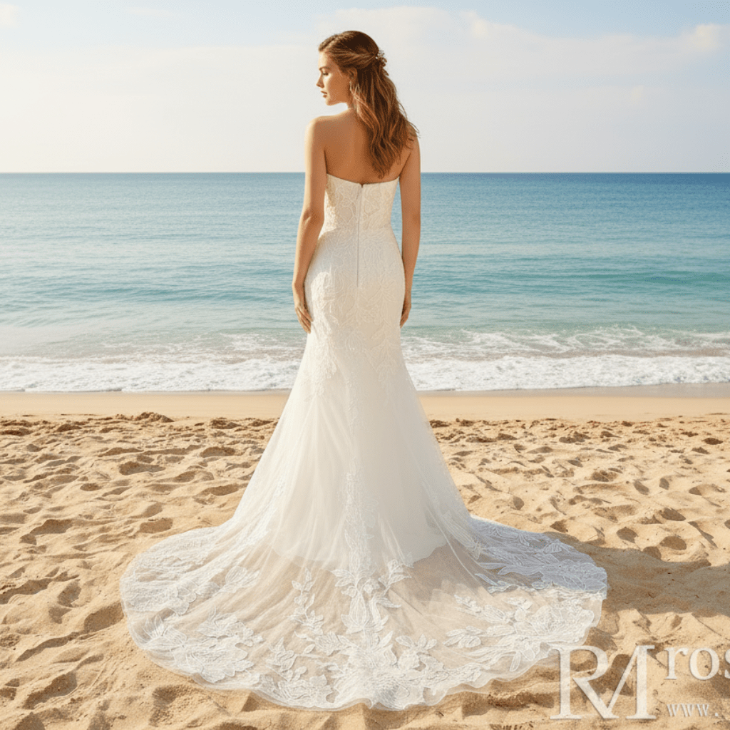 Simple Floral Lace Vneck Mermaid Wedding Dress with Sheer Bodice - Rosymae