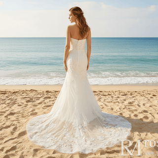 Simple Floral Lace Vneck Mermaid Wedding Dress with Sheer Bodice - Rosymae