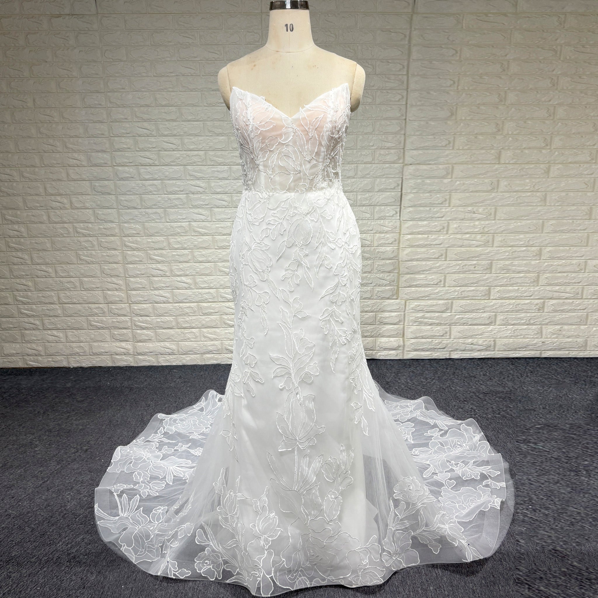 Simple Floral Lace Vneck Mermaid Wedding Dress with Sheer Bodice - Rosymae