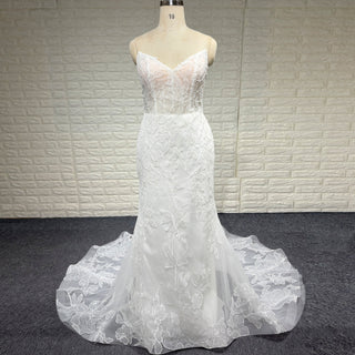 Simple Floral Lace Vneck Mermaid Wedding Dress with Sheer Bodice - Rosymae