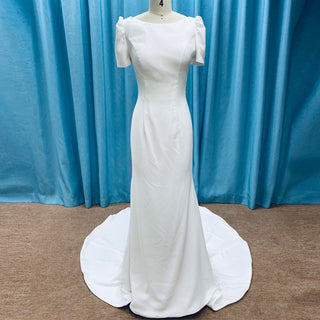 Simple Mermaid Satin Wedding Dress with Short Sleeves for Bride - Rosymae