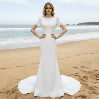 Simple Mermaid Satin Wedding Dress with Short Sleeves for Bride - Rosymae