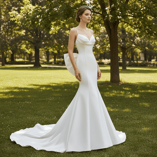 Simple Mermaid Trumpet Satin Wedding Dress with Open Back - Rosymae