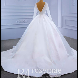 Simple Modest Satin Puffy Wedding Dress with Long Sleeves - Rosymae