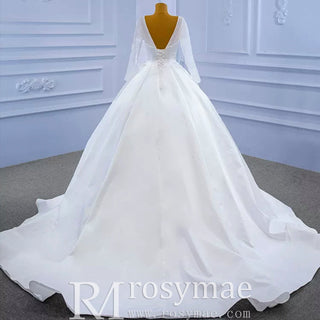 Simple Modest Satin Puffy Wedding Dress with Long Sleeves - Rosymae
