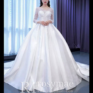 Simple Modest Satin Puffy Wedding Dress with Long Sleeves - Rosymae