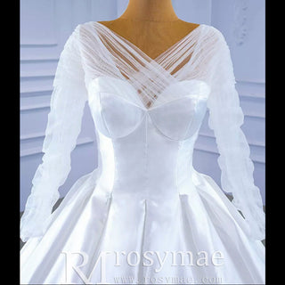 Simple Modest Satin Puffy Wedding Dress with Long Sleeves - Rosymae