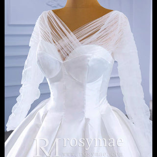 Simple Modest Satin Puffy Wedding Dress with Long Sleeves - Rosymae