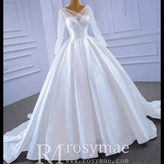 Simple Modest Satin Puffy Wedding Dress with Long Sleeves - Rosymae