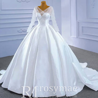 Simple Modest Satin Puffy Wedding Dress with Long Sleeves - Rosymae