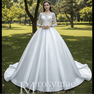 Simple Modest Satin Puffy Wedding Dress with Long Sleeves - Rosymae