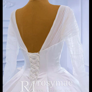 Simple Modest Satin Puffy Wedding Dress with Long Sleeves - Rosymae