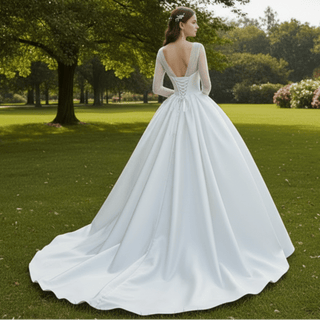 Simple Modest Satin Puffy Wedding Dress with Long Sleeves - Rosymae