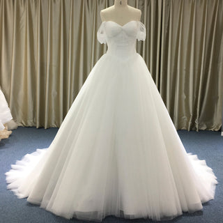 Simple Multi Layer Tulle Low Back Wedding Dress with Off the Shoulder - Rosymae