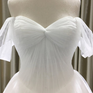 Simple Multi Layer Tulle Low Back Wedding Dress with Off the Shoulder - Rosymae