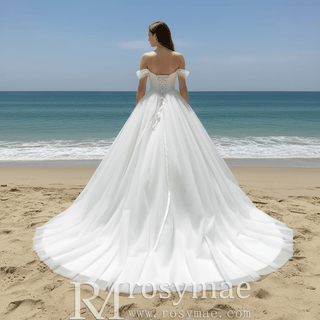 Simple Multi Layer Tulle Low Back Wedding Dress with Off the Shoulder - Rosymae