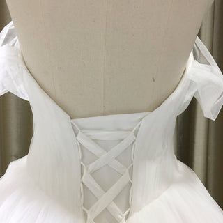 Simple Multi Layer Tulle Low Back Wedding Dress with Off the Shoulder - Rosymae